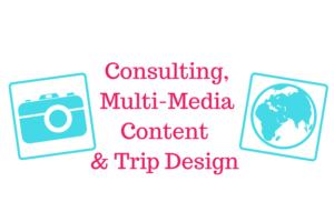Consulting, multi-media content and trip design with image of camera and globe