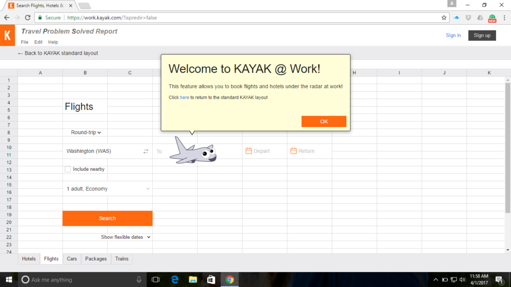 fake spreadsheet for employees to use when booking travel with kayak while at wrork