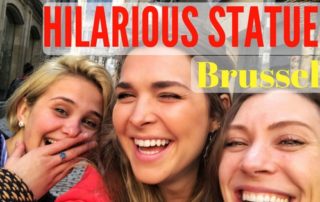 three women laughing with text that reads hilarious statues brussels